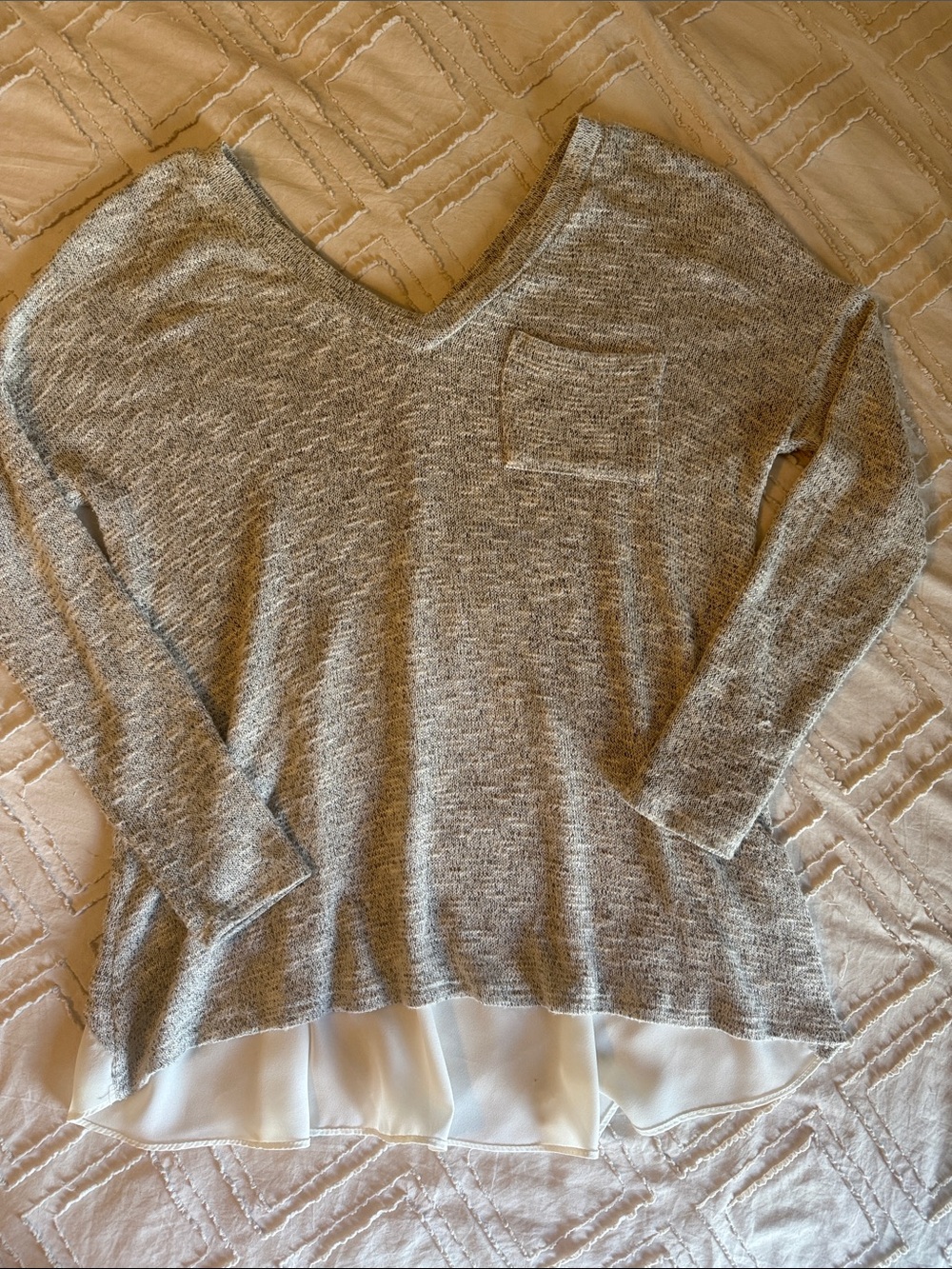 Light Gray V-Neck Knit Top with sheer White V detail in back